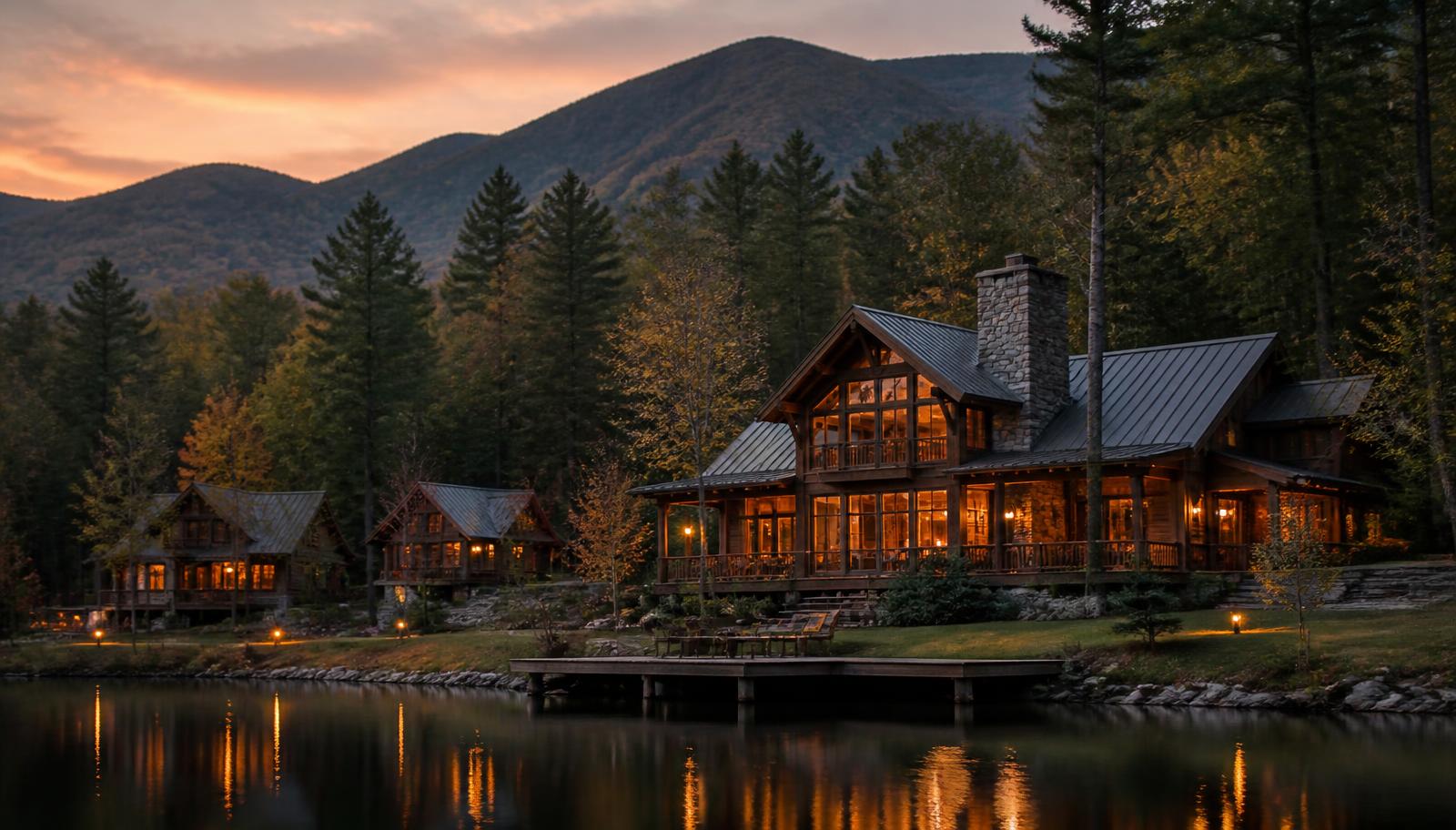 Rustic lodge and cabins beside a lake at dusk in the Tennessee mountains