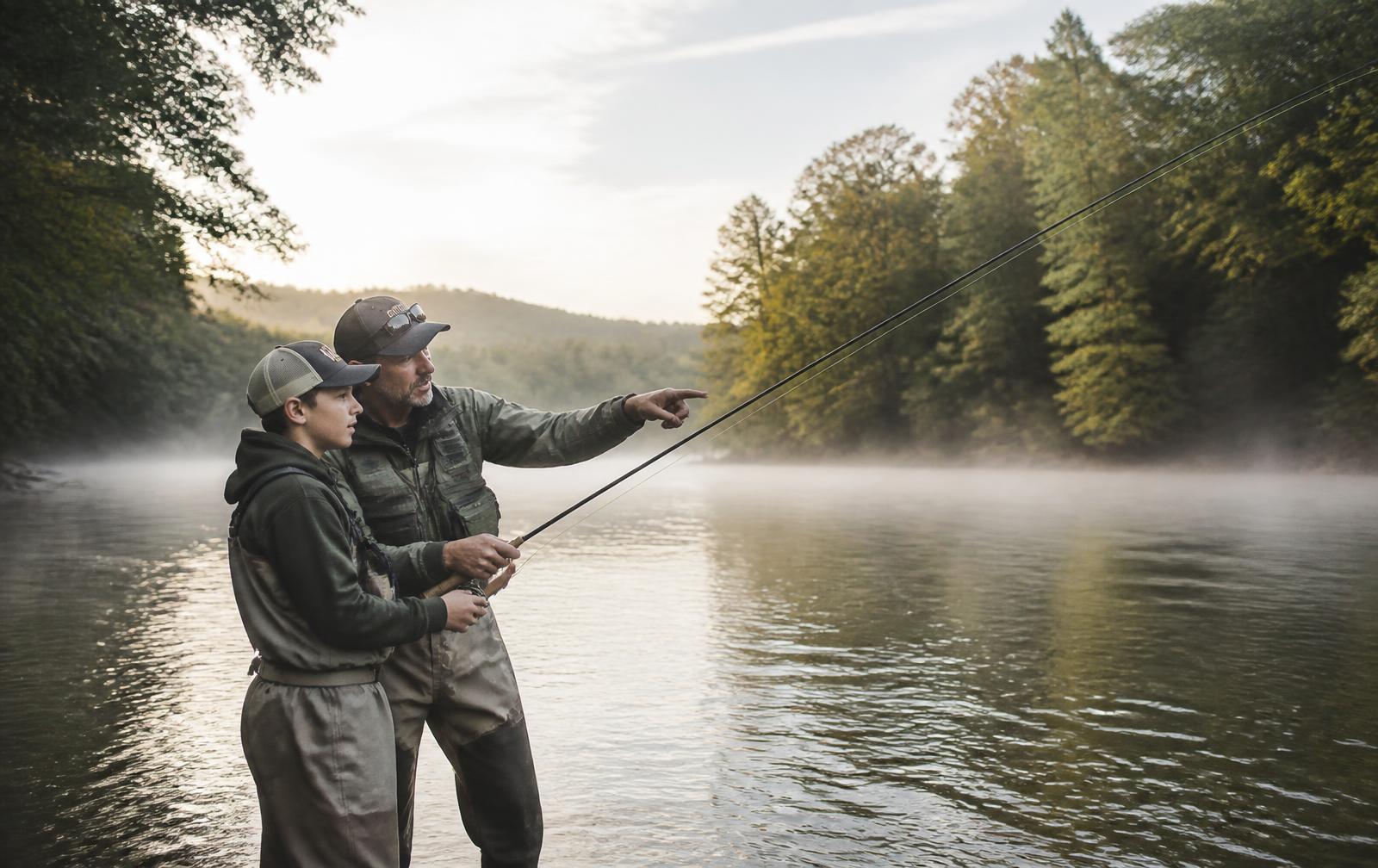 A mentor teaching a teenager to fly fish on a misty Tennessee river