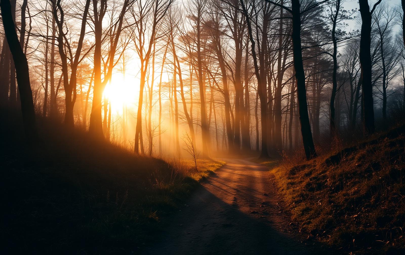Sunrise breaking through mist over a quiet Tennessee forest trail